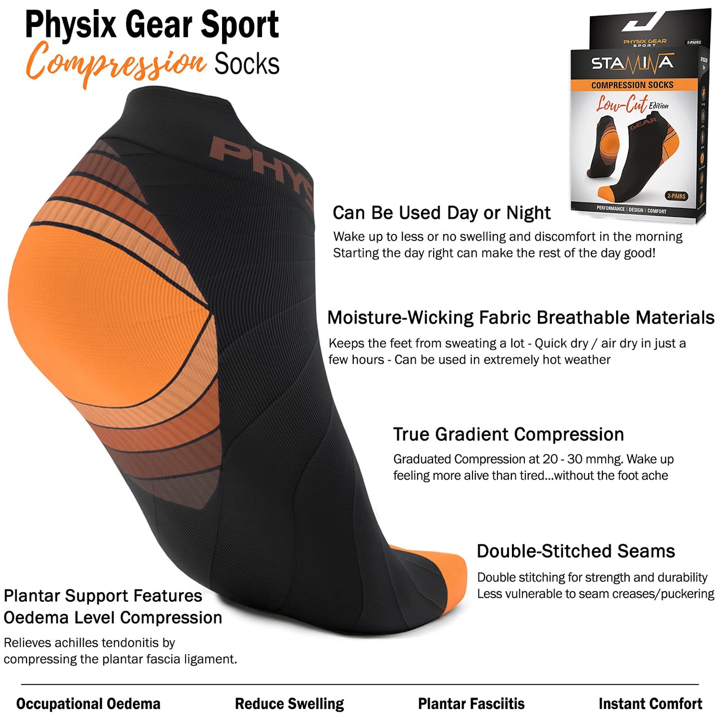 Physix Gear Short Compression Socks for Men & Women - Best Low Compression Socks Women & Men with Arch Support, Ideal for Running, Plantar Fasciitis Comfort, and Swelling - Ankle, Black/Orange, S/M