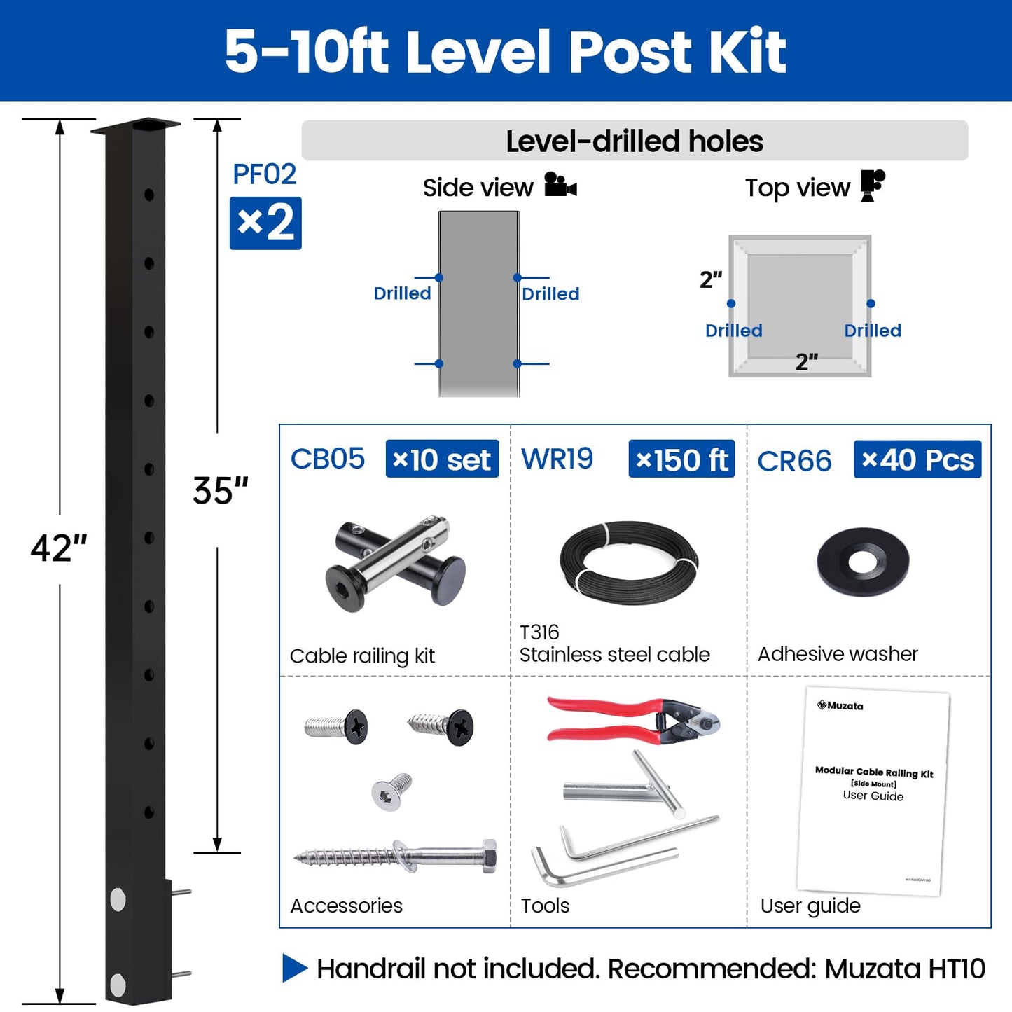 Muzata 5-10FT Modular Black Side Mount Cable Railing Kit 36 Inch 2 Level Post Kit Complete Set Cable Railing System for Decks Length Adjustable with Paper User Guide (No Handrail) RWF2 BH4S