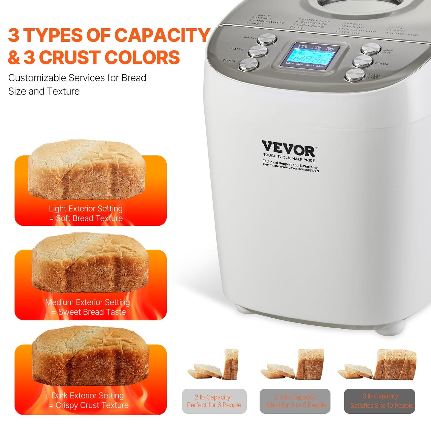 VEVOR Bread Maker, Dough Machine 15 Menus in 1, Non-Stick Ceramic Pan Automatic Breadmaker with Non-Gluten Setting, Whole Wheat Bread Making, Digital, Programmable, 3 Loaf Sizes, 3 Crust Colors, White