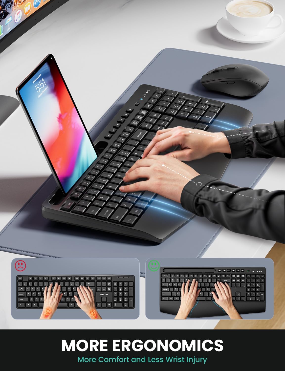 LIZRROT 2.4GHz Ergonomic Wireless Keyboard and Mouse Combination, Quiet Full Length Mouse and Keyboard, Wrist Stand