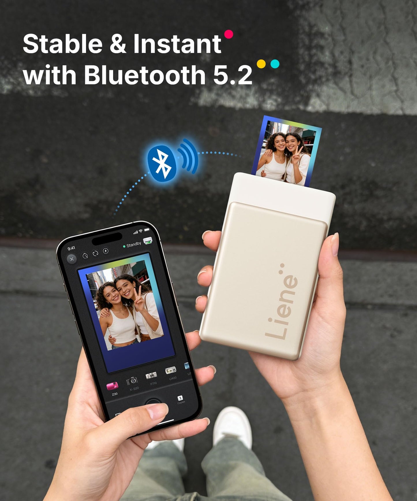 Liene Pearl N200 Pro Portable AI Photo Printer, Instant Mini Picture Printer for iPhone Smartphone, Thermal Dye Sublimation, Bluetooth Sticker Maker 50 Sheets 2x3 Adhesive Paper & 5 Cartridges, Gold