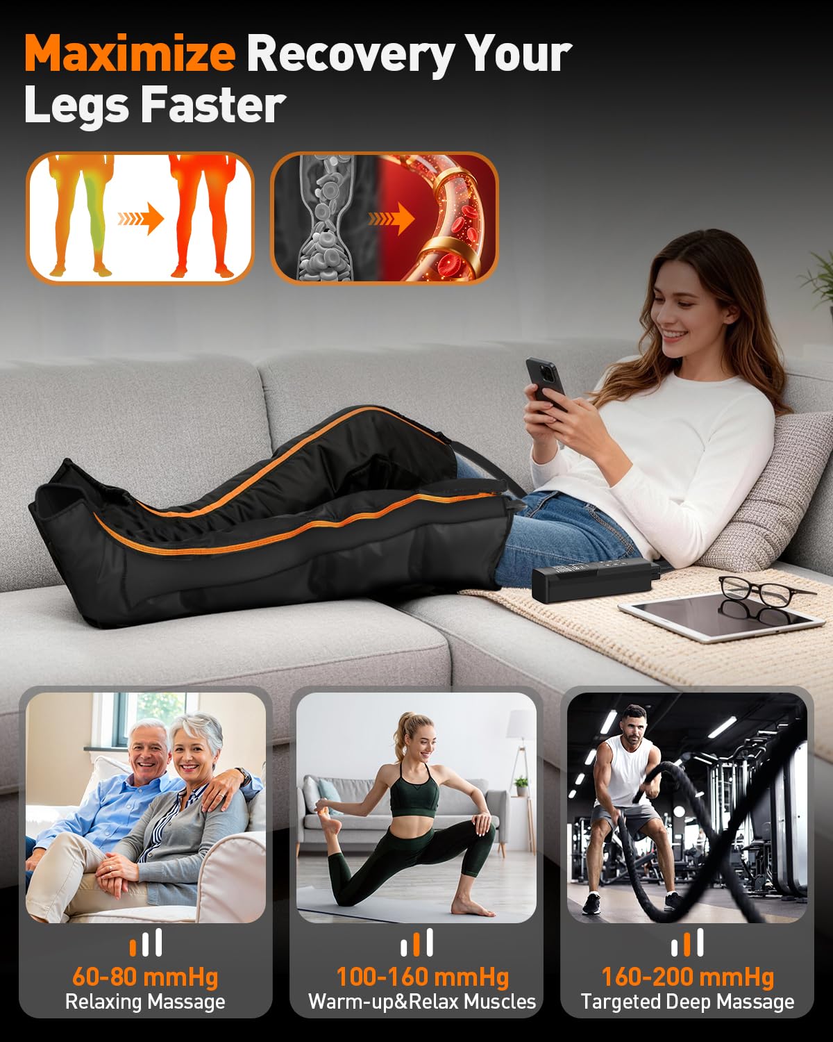 DEKEMASTER Air Compression Leg Massager for Circulation and Pain Relief, Professional Full Leg Compression Boots for Massage Therapy with Adjustable 6 Modes 9 Intensities, Recovery Boots for Women Men