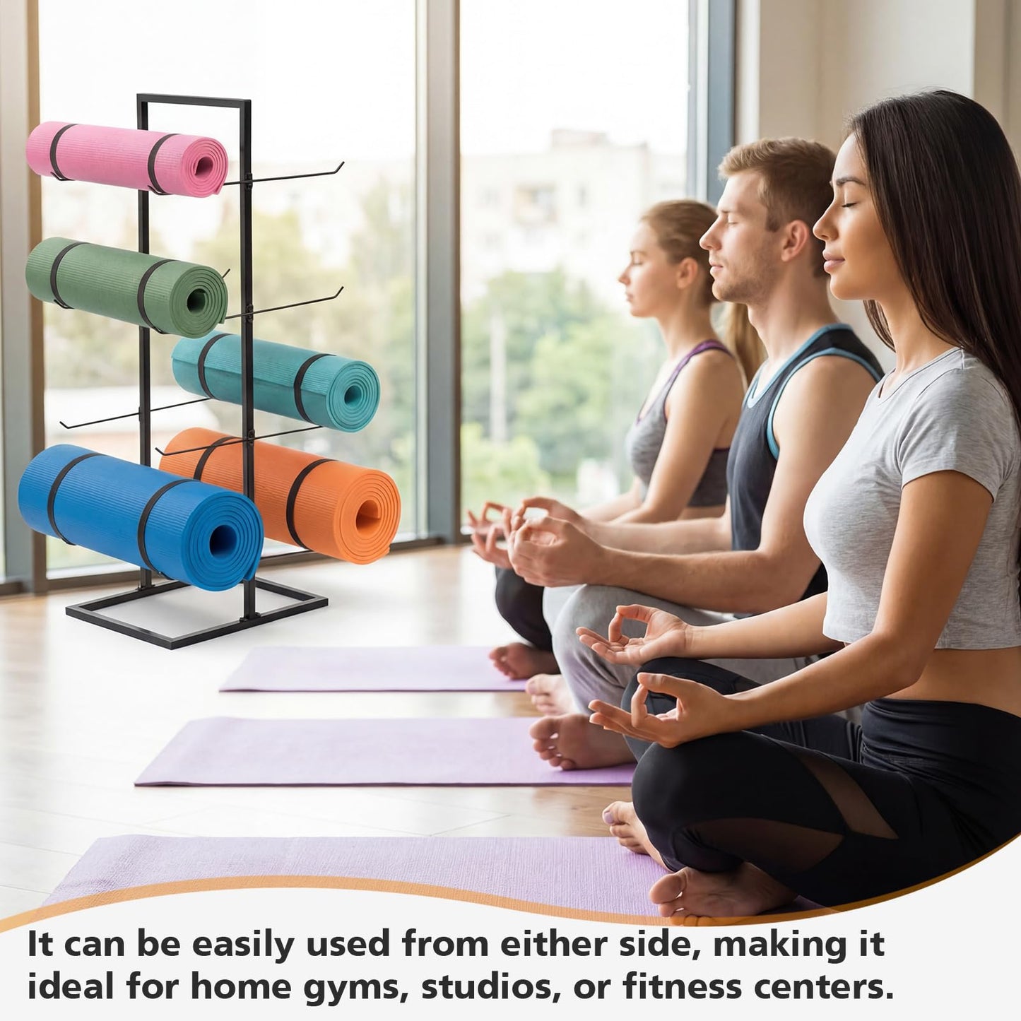 Cinnvoice 4-Tier Freestanding Yoga Mat Holder, Double-Sided Metal Storage Rack for Yoga Mats, Foam Rollers, Heavy Duty Home Gym Organizer Stand with Non-Slip Feet, Matte Black