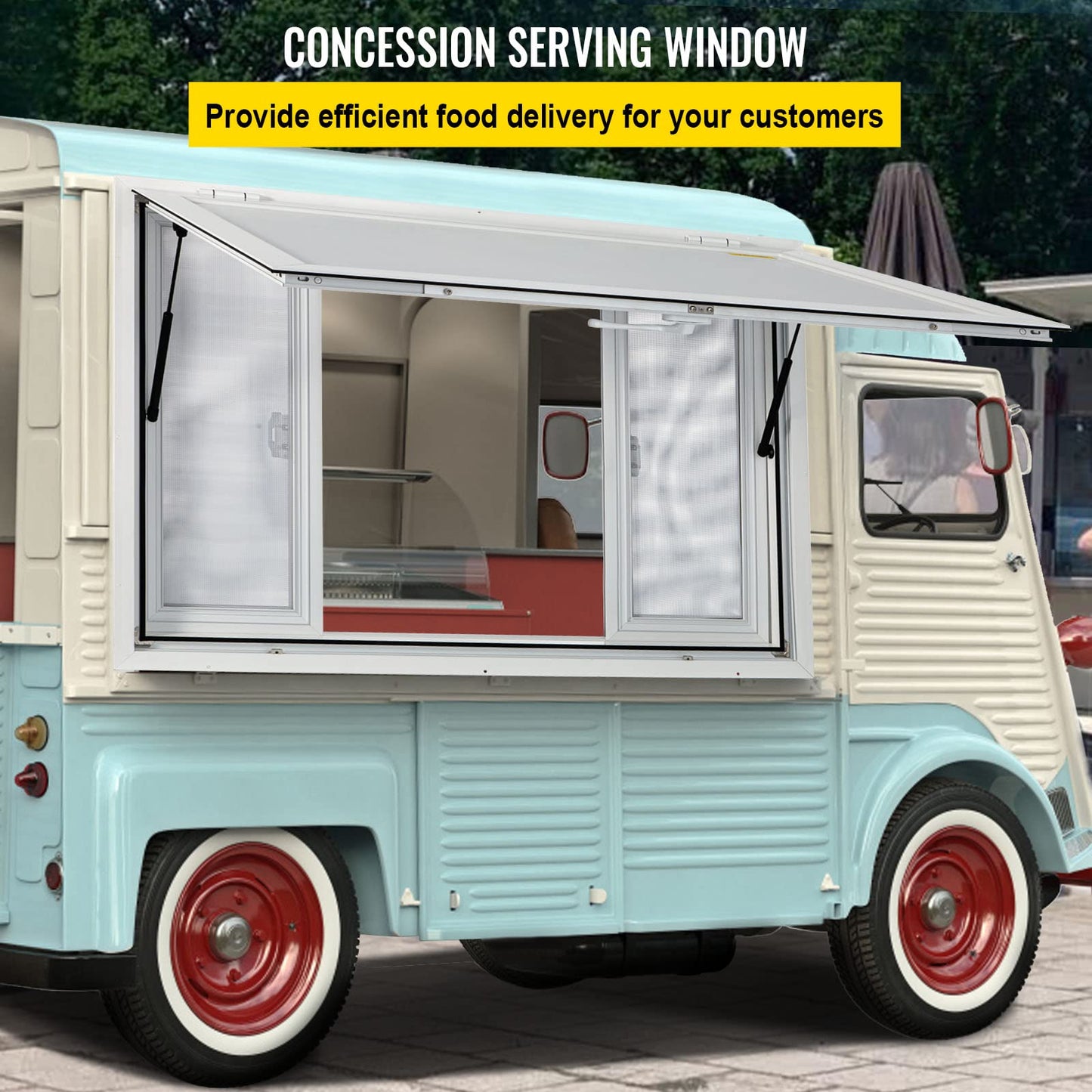VEVOR Concession Window for Food Trucks Concession Trailers, 53 x 33 inch, Aluminum Alloy, with 4 Horizontal Sliding Screen Windows & Awning Door & Drag Hook