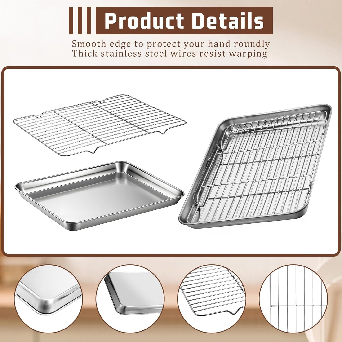 Stainless Steel Baking Sheet Set by [Brand Name] - 2 Pans & 2 Racks, Nonstick & Warp Resistant, 12.4 x 9.6 x 1.2 Inch