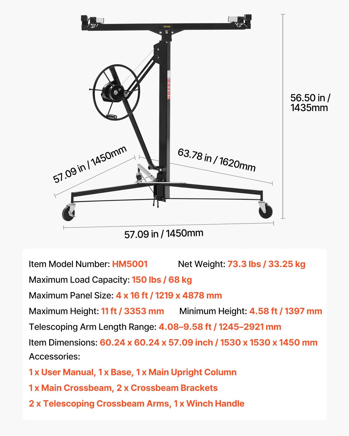VEVOR 11ft Drywall Lift, Heavy-Duty 150 lbs Sheetrock Hoist with Adjustable Telescoping Arm, Lockable Wheels, Drywall Lifter Panel Jack Hoist Tools Ideal for Ceiling & Wall Installation (Black)