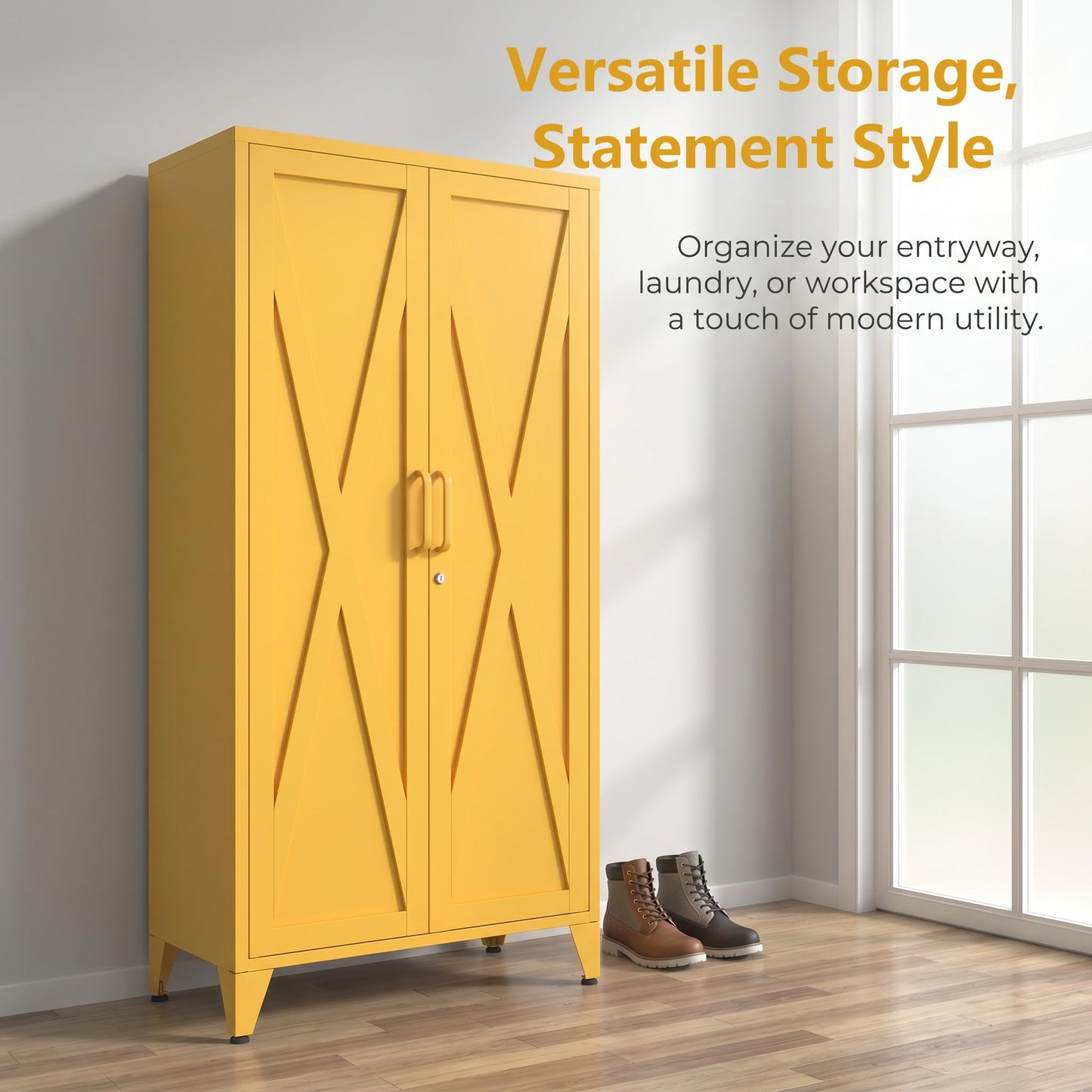 Aiasuit Lockable Metal Pantry Cabinet with 3 Adjustable Shelves, Heavy Duty 4-Tier Storage Organizer, 2-Door Locker for Kitchen & Entryway and Hallway Yellow