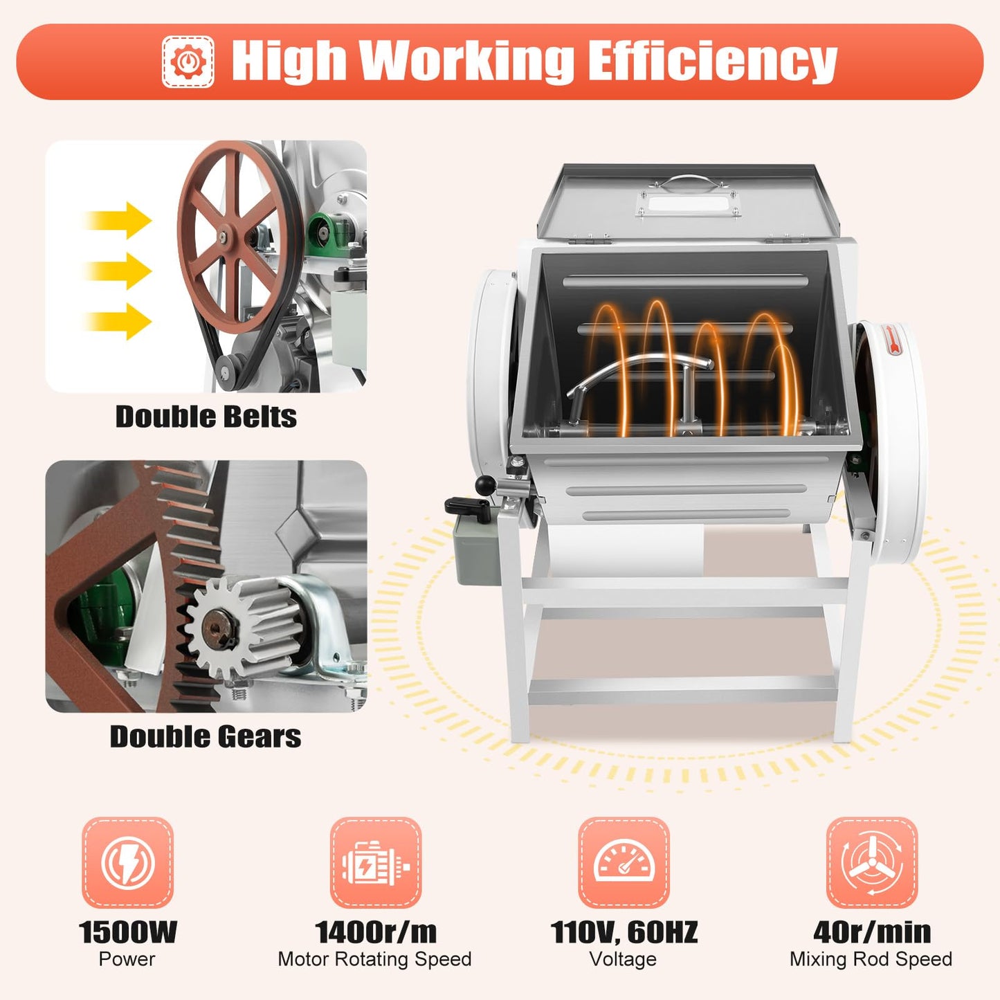 RocoReny 30QT Commercial Electric Dough Mixer Mixing Machine, 1500W 110V Stainless Steel Heavy Duty Pizza Dough Kneading Machine with 90° Tilt Bowl for School Bakery Restaurant