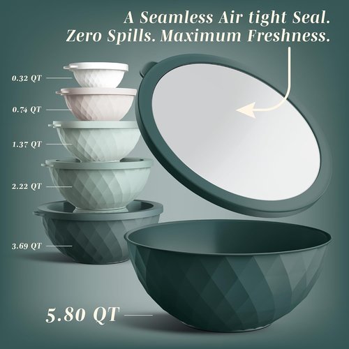 COOK WITH COLOR Mixing Bowls - 12-Piece Plastic Nesting Set with Lids, Microwave Safe, Green Diamond
