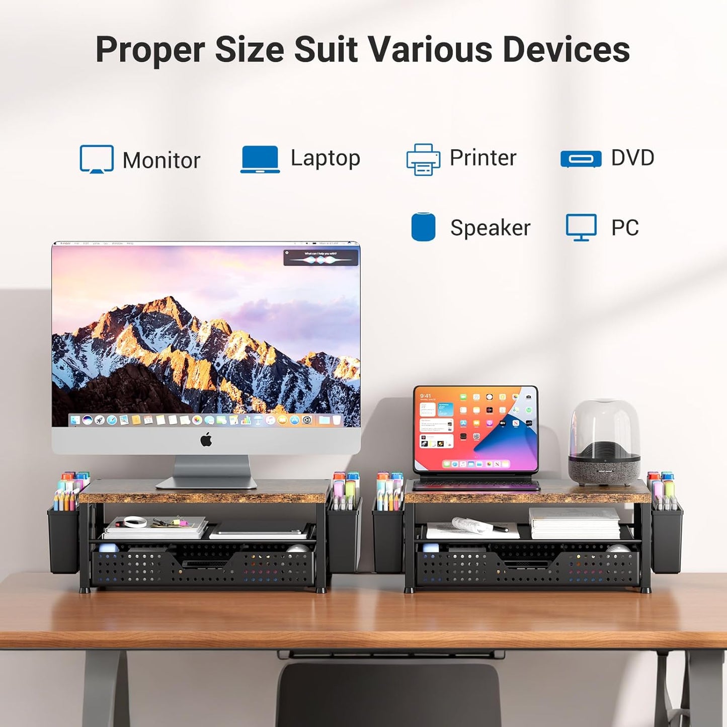 Wood Metal Monitor Stand Riser, Laptop Stand for Desk, Office Desk Organizer and Accessories, Computer Desktop Shelf