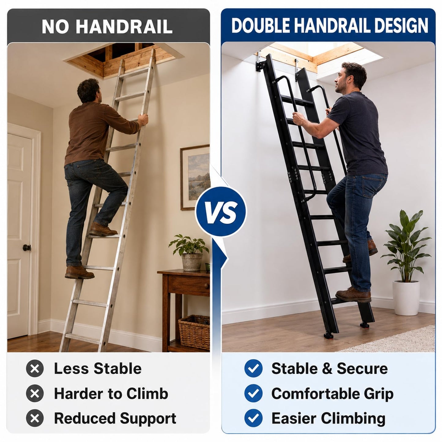 8.2FT Industrial Style Loft Ladder, with Double Handrails, 8 Steps Library Ladder, 1100LBS Capacity, Carbon Steel Attic Loft Stairs, Wall Mounted Loft Ladder for Home Library Warehouse