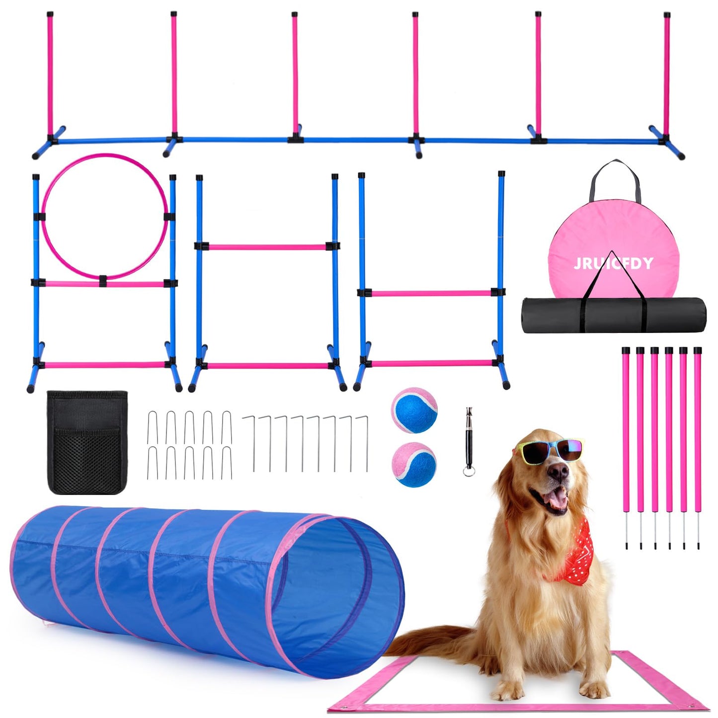 Dog Agility Course Backyard Set, Dog Agility Equipment, Pet obstacle Course Backyard with 6 Dual Mode Weave Poles, 2 Adjustable Hurdle, Jump Ring, Tunnel, Pause Box, Toy Balls and 2 Carrying Bags,Pink