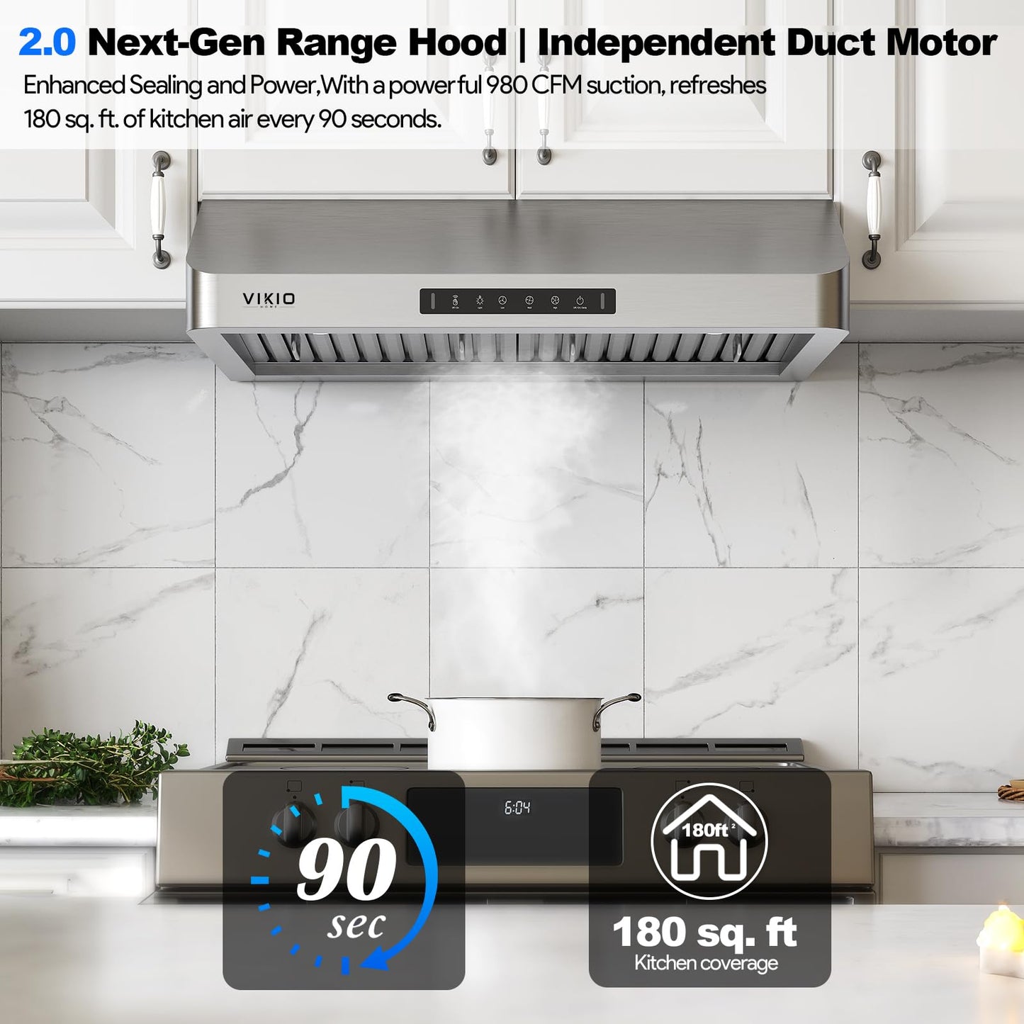 VIKIO HOME Range Hood 30 Inch Under Cabinet, Kitchen Hood with 980 CFM, 3-Speed Gesture Sensing & Touch Control Panel, Stainless Steel Vent 2 Pcs Baffle Filters with Handlebar, Ducted, LED light