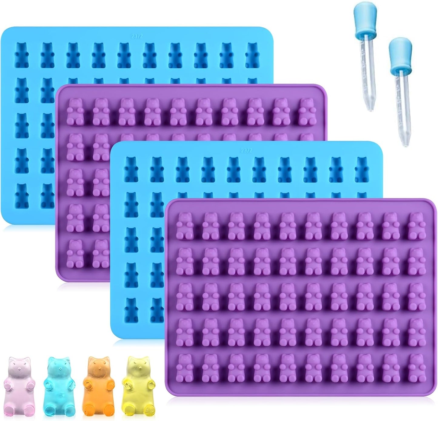 Silicone Gummy Molds by Gummy Molds - Mini Bear Candy Molds with 2 Droppers | Nonstick Food-Grade, Set of 4
