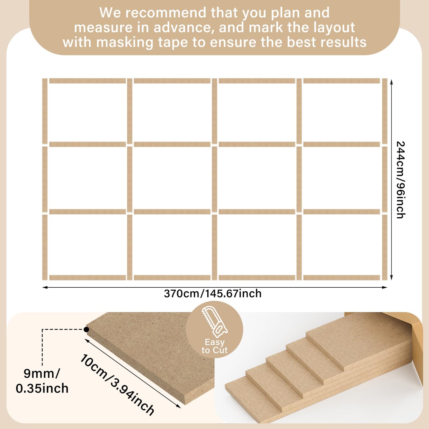 Weysat 1 Set 145.67 x 96.06 Inch Mdf Board and Batten Wall Panel Kit Premade Wainscoting Panels Decorative Wall Molding Trim Slats Paintable Accent Kit for DIY Home Bedroom Living Room Decor