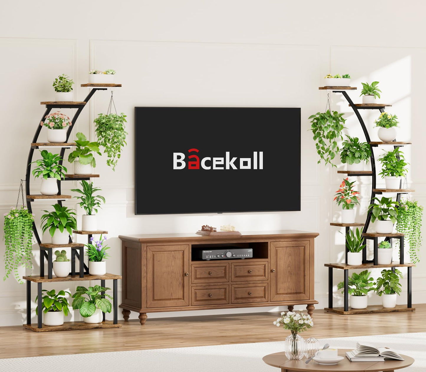BACEKOLL Plant Stand Indoor with Grow Lights, 9 Tiered Metal Plant Shelf, 64" Tall Plant Stand for Indoor Plants Multiple, Large Plant Rack Display Shelf, Curved Plant Holder for Living Room, Patio