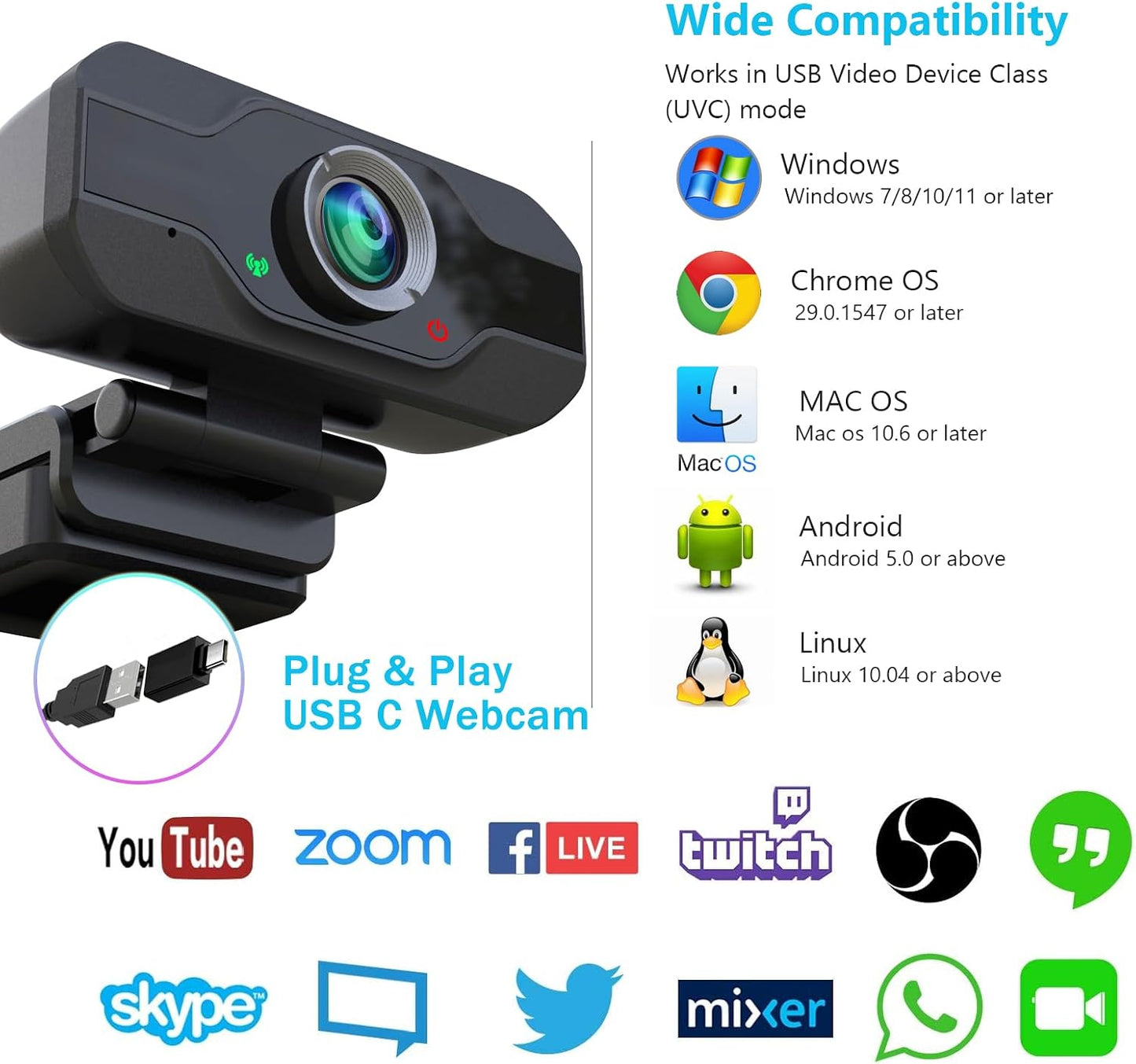 XPCAM 1080p 110 USB C Camera Webcam with Microphone/Tripod/Cover, Auto Light Correction, FOV, Plug & Play Pro Webcam