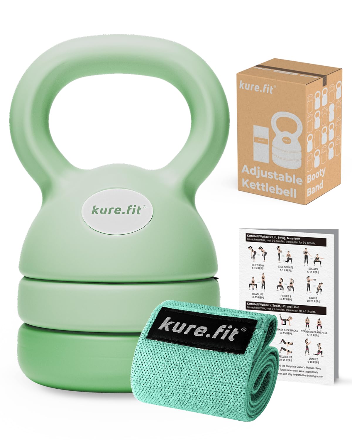 kure.fit Adjustable Kettlebell | 5 lb - 12 lb | Kettlebell Weights Set for Home Gym | Full-Body Workouts, Strength Training, Weight Loss | Fabric Booty Band | Beginners & Women | Sage Green