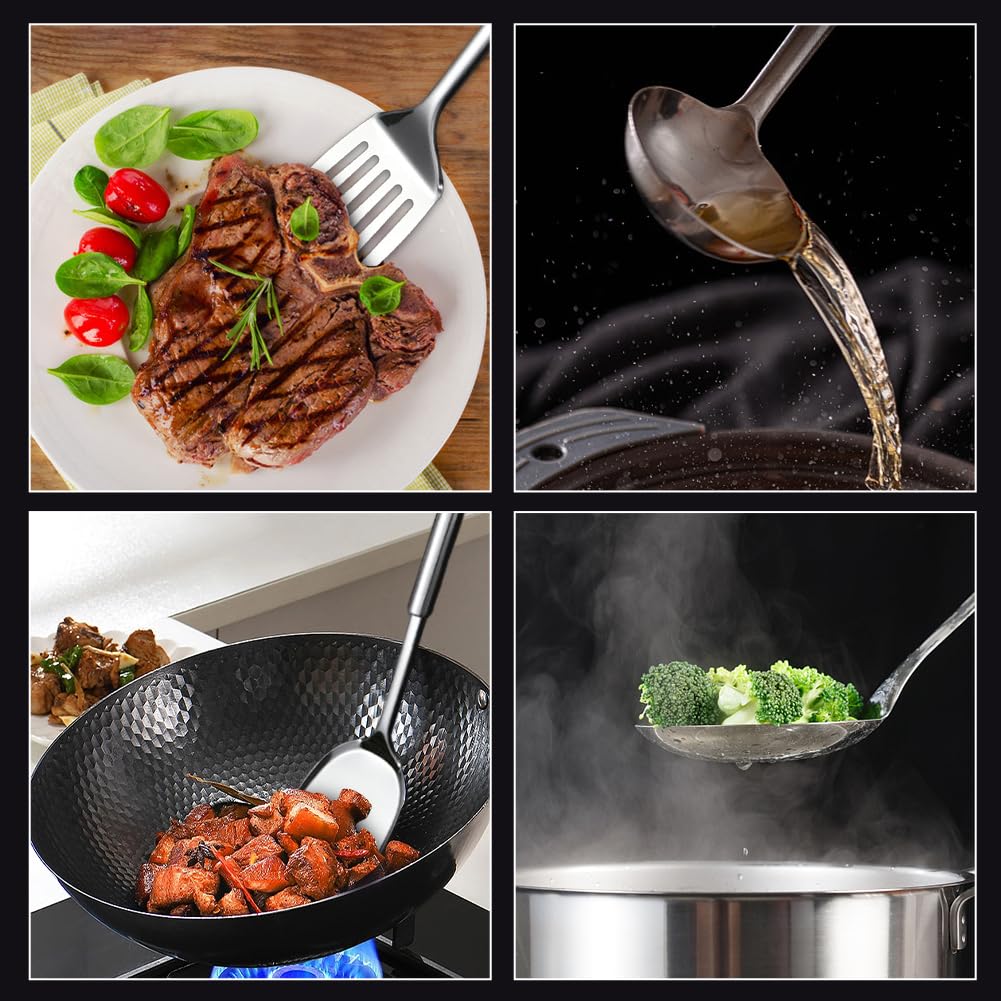 5 PCS Cooking Utensils Set Stainless Steel Kitchen Utensils Gadgets Resistant Cooking Tools Includes Slotted Spoon, Slotted Spatula, Large Spoon, Soup, Spatula(Sliver)