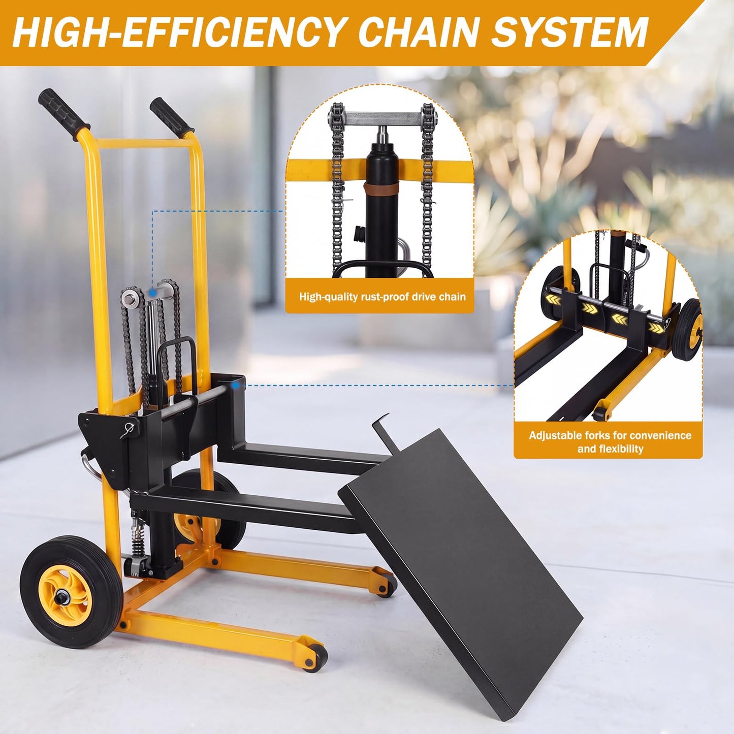 900 lb Hydraulic Material Lift Stacker, Manual Pallet Truck Dolly with Lift Table, 40" Max Lift Height, Steel Fork Platform Cart with Swivel Casters for Warehouse & Industrial Use (Yellow & Black)