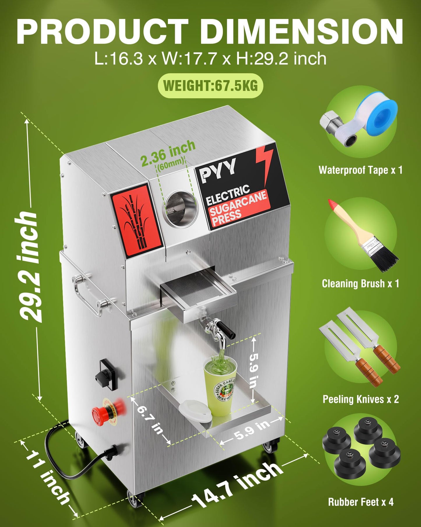PYY Commercial Sugar Cane Juicer Machine - Electric 3-Roller Sugarcane Juice Press Stainless Steel Extractor, Sugarcane Machine with Cleaning Brush, 2 Peelers,Straws and Cups, 800W 110V 29Inch