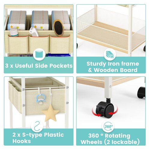 2In1 Baby Diaper Caddy & 3-Tier Rolling Cart, Diaper Caddy Organizer Carts with Dividers, Mobile Metal Utility Cart for Nursery Essentials, Detachable Bedside Cart, Large Capacity, White