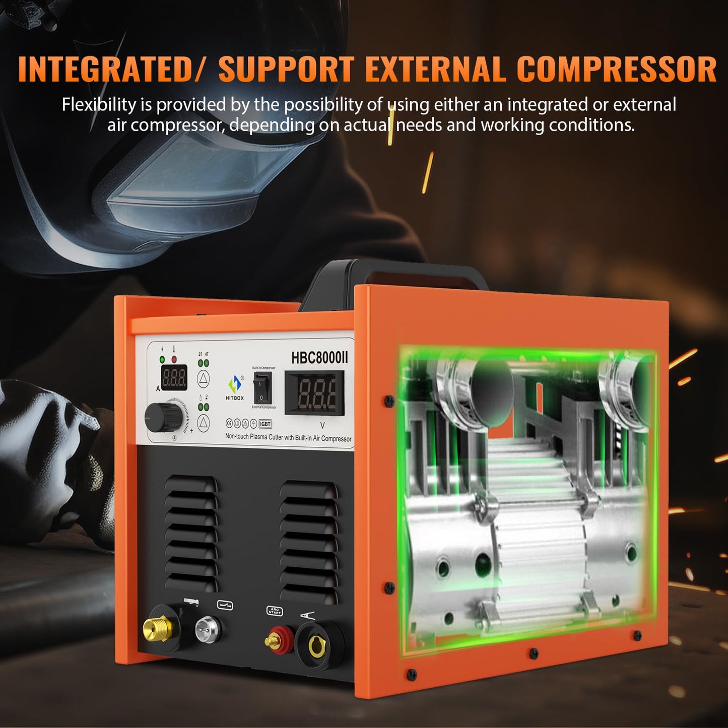HITBOX Plasma Cutter with Built-In Air Compressor, Non-Touch Pilot Arc 50 Amp 220V Digital Inverter IGBT Clean Cut Plasma Cutting Machine