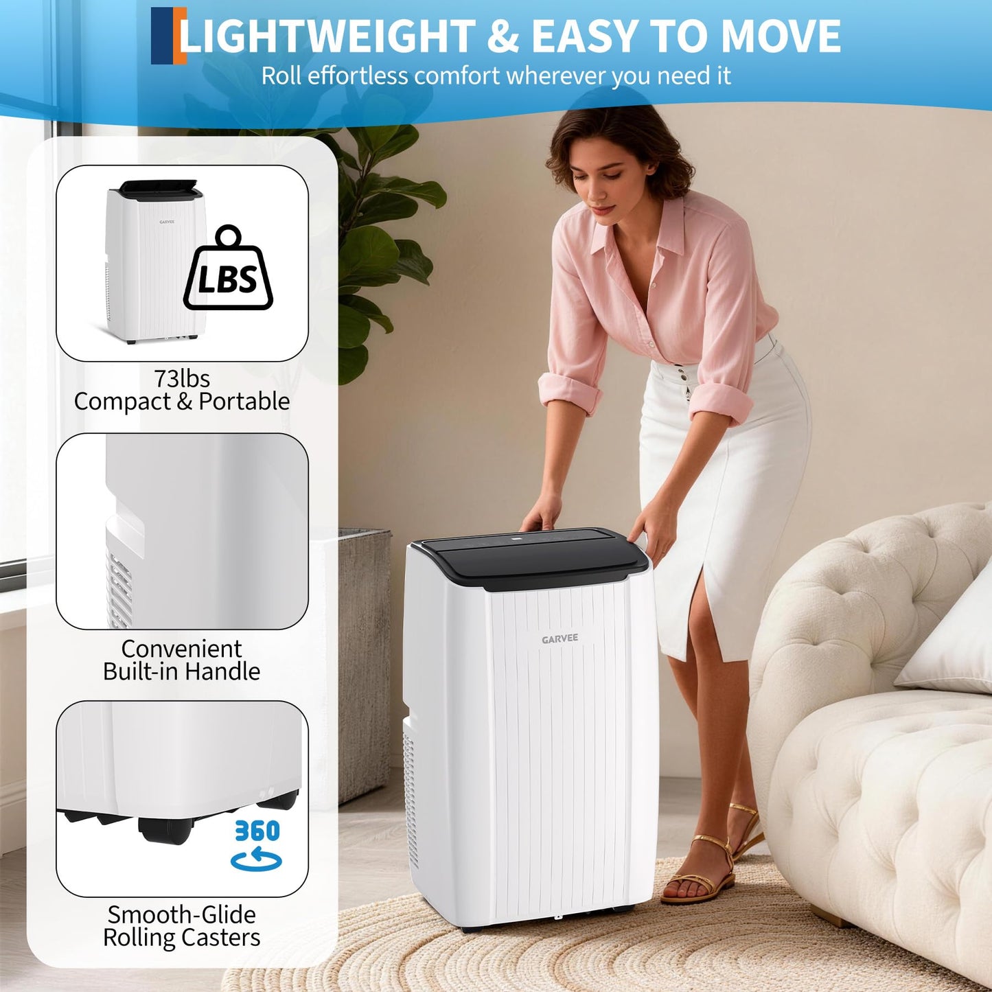 Garvee 14000 BTU Portable Air Conditioner, Portable AC Unit with Dehumidifier, Fan and Remote Control, Energy Efficient Indoor AC Conditioner for Rooms up to 700 Sq. Ft., White