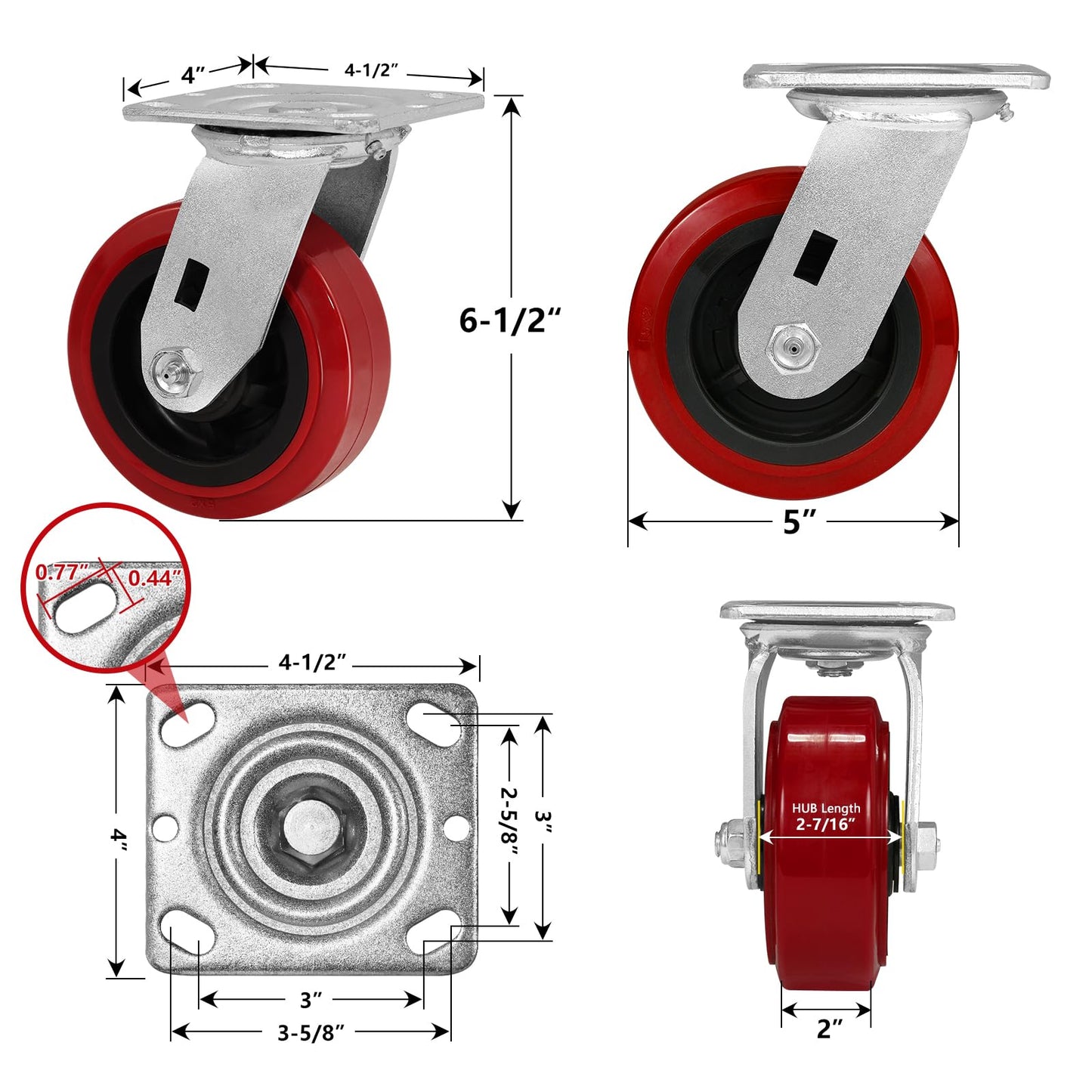 NINOSO Heavy Duty Casters, 5" Industrial Swivel Casters, Polyurethane Tread on Polypropylene Core, Casters Set of 4 with Load 3200lbs Capacity, Caster Wheels for Cart Toolbox (4 Swivel)