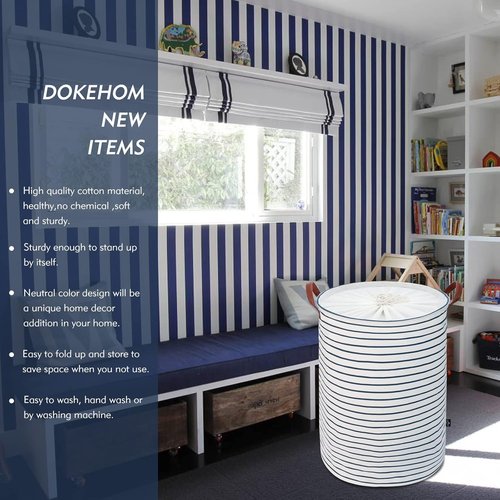 DOKEHOM Laundry Basket - 20-Inch Freestanding Hamper with Lid & Drawstring - Large Blue Stripe Design