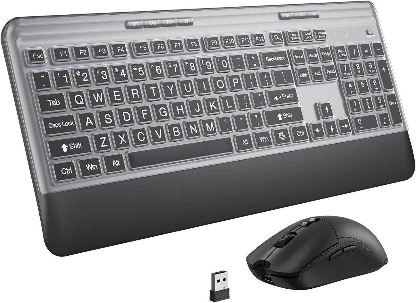 KOPJIPPOM 2.4GHz Silent Wireless Keyboard and Mouse Combo - Keyboard with Large Print Cover, Full-Sized Ergonomic