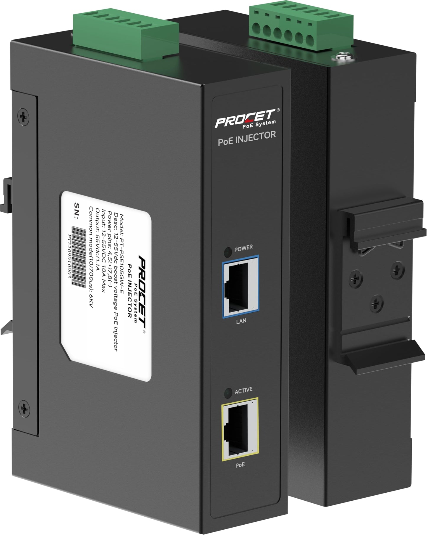 PROCET Gigabit PoE Injector 60W DIN Rail, 6KV Surge Protection, -40℉ to 149℉ for eero PoE 6/7, UniFi U6 Pro, Sisco Access Point, PTZ AI Turret Camera, Digital Transportation, Information Kiosks