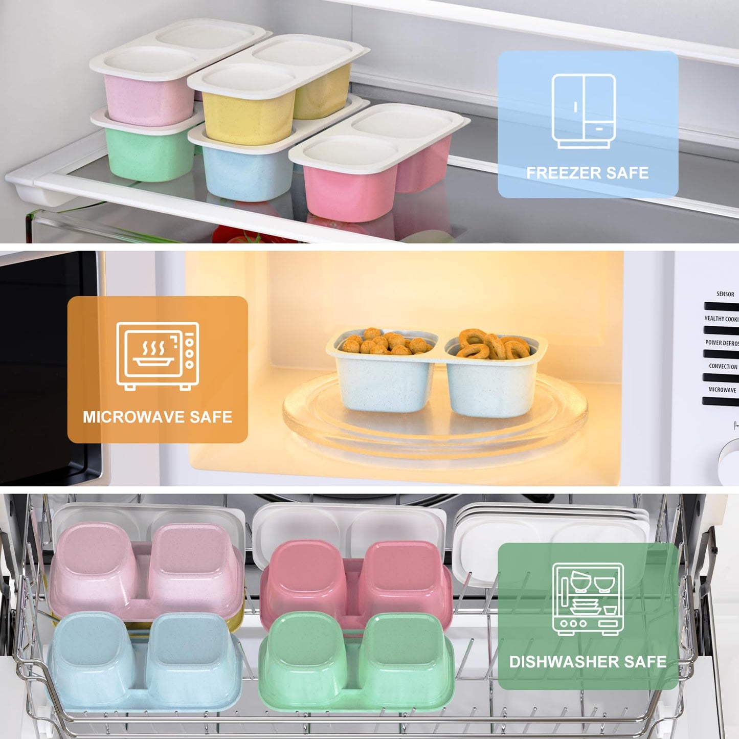 Reusable Snack Containers with Lids for Kids-Classic Color 5 PACK, [UNIQUE DESIGN 2-COMPARTMENT] BPA-Free/Microwave/Dishwasher Safe, Snack Bowls Container for On-the-Go Meals,Camping and Travel