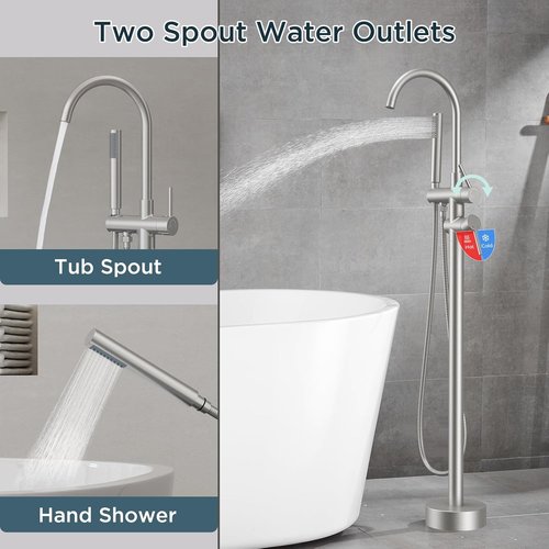 FORIOUS Freestanding Tub Faucet - High Flow Brass Bathtub Filler with Handheld Shower | Brushed Nickel Finish