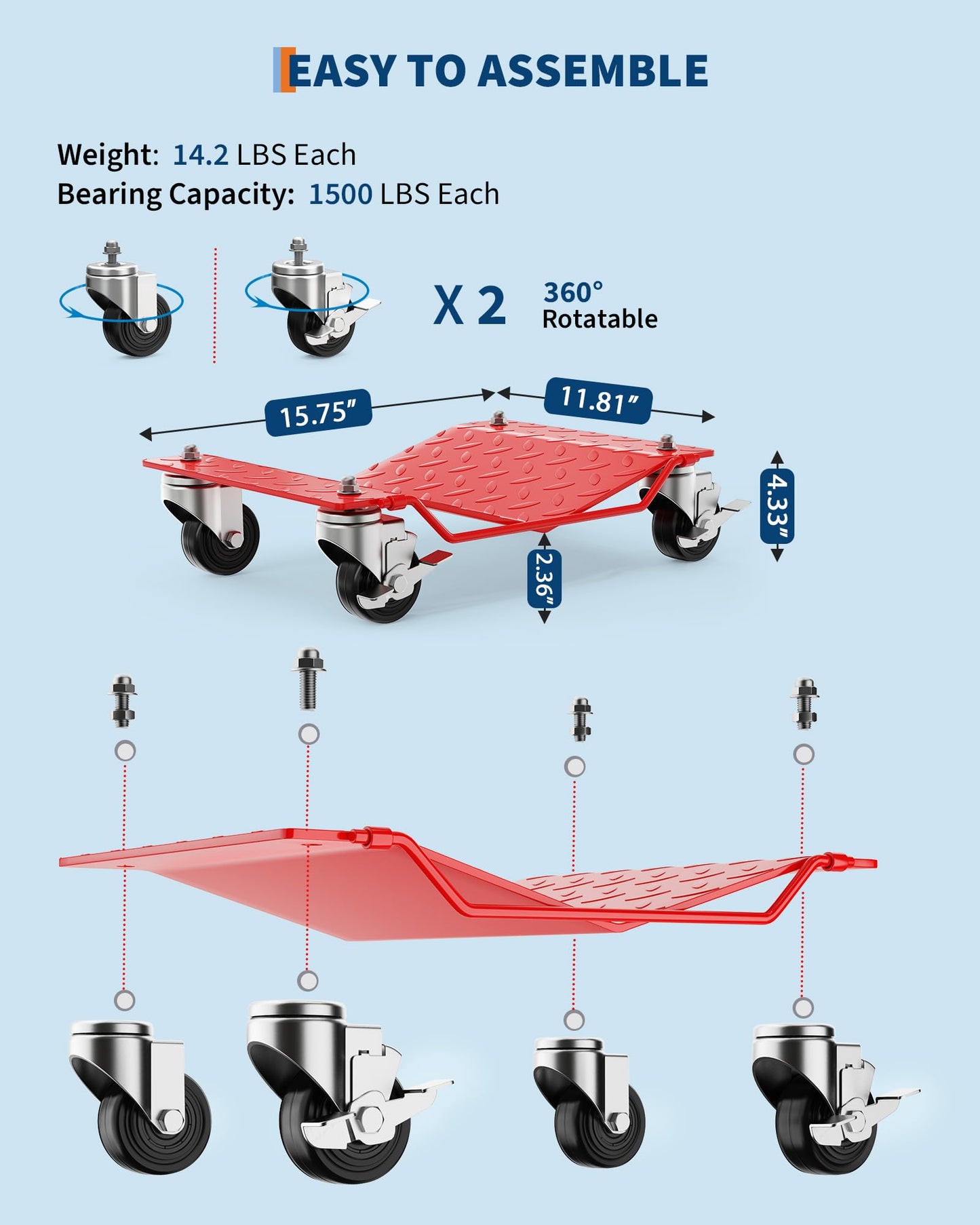 Wheel Dolly Set of 4, Car Moving Dolly 6000LBS Heavy-Duty Cart for Moving Cars, Trucks, Trailers, Motorcycles, and Boats, Red