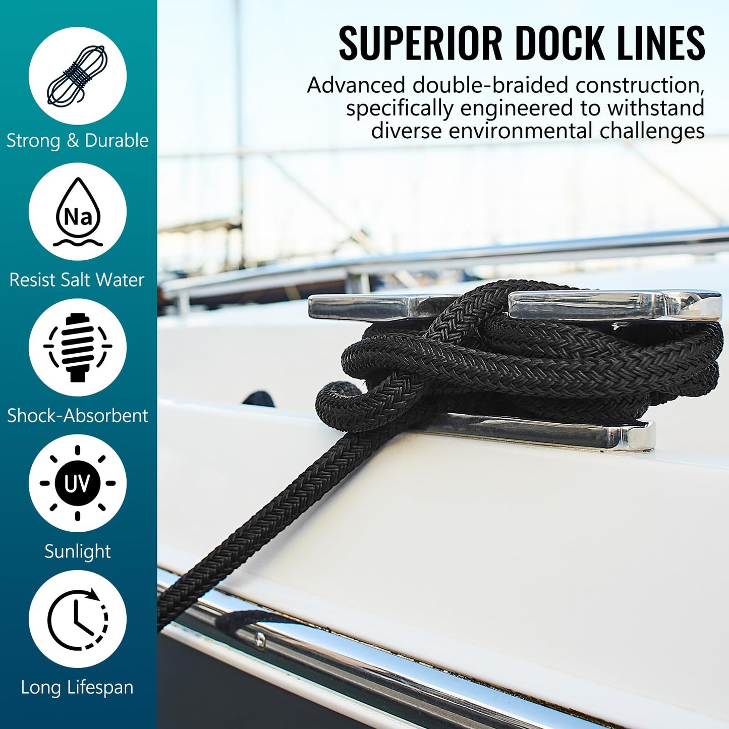 2 Pack 3/8" x 20' Boat Dock Lines for Boat & Pontoon, Premium Marine- Grade Double Braided Nylon Boat Lines, Pre-Spliced with a 12" Eyelet-Black,High Strength,Easy Handling,Boating Gifts for Men.