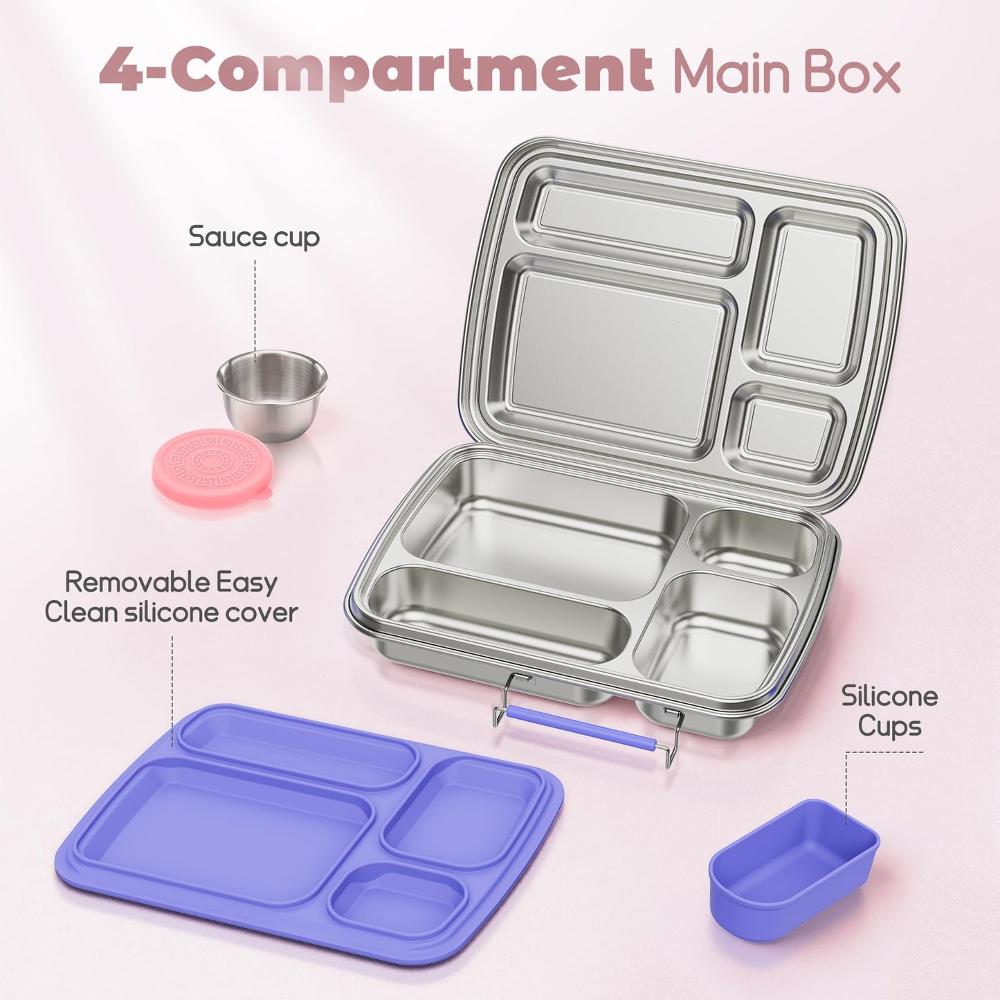 Eoika Stainless Steel Bento Box for Kids, Kids Lunch Box with 4-Compartment, Metal Lunch Box with Silicone Container & Sauce Cup, Durable Lunch Box Containers for School and Office(Purple)