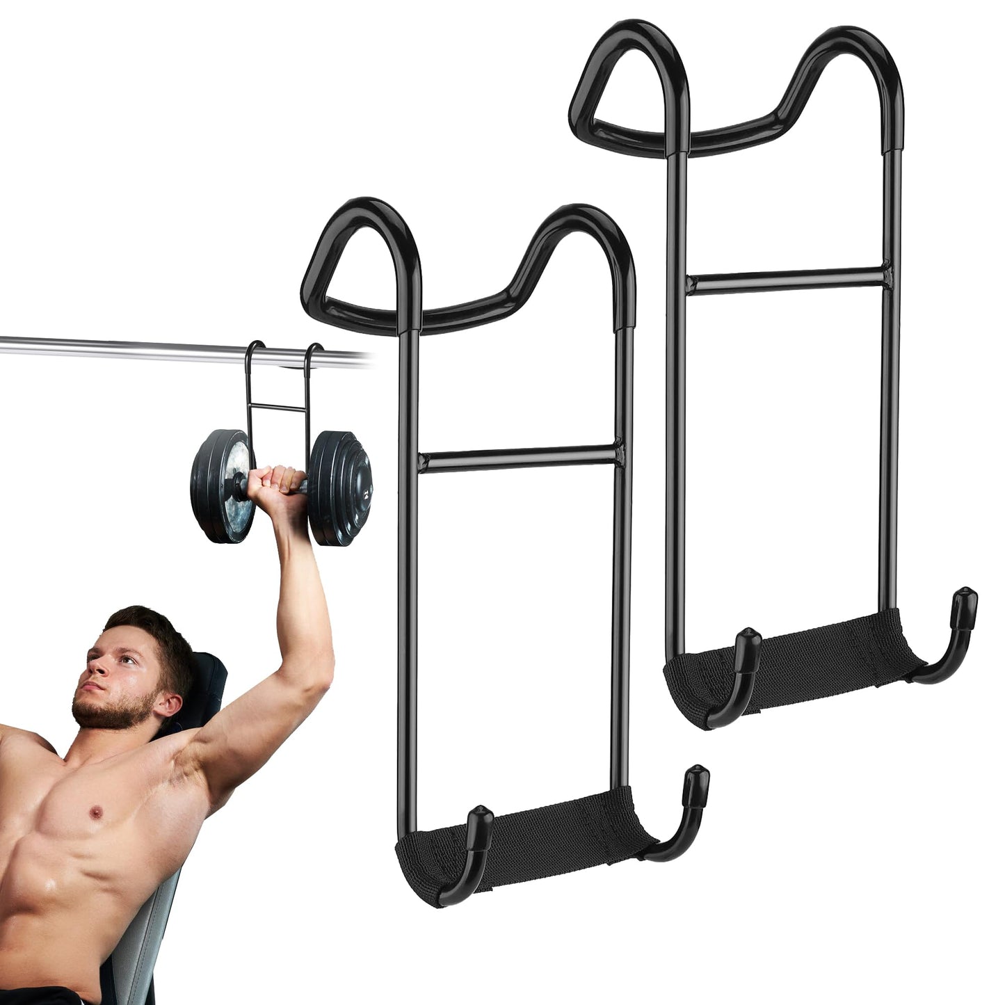 QKOQKO Dumbbell Spotter Hooks, 2-Pack Upgraded 250 lbs Heavy Duty Rack Attachments for Bench Press, Chest & Shoulder Workouts, Safety Hangers with Wrist Straps
