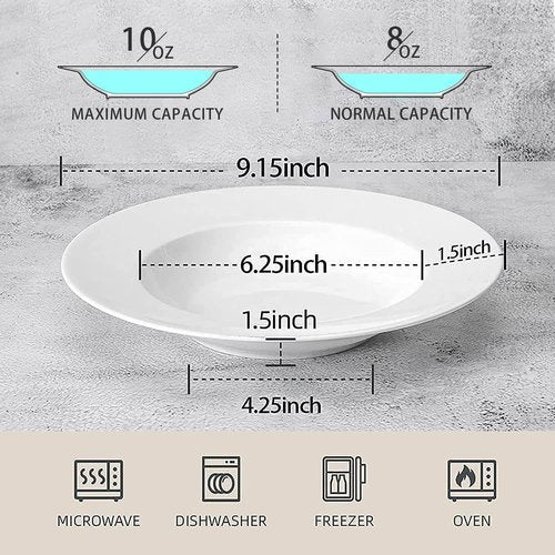 Artena Pasta Bowls Set of 4 - Elegant White Porcelain Bowls | Wide Rim Design, Microwave & Dishwasher Safe