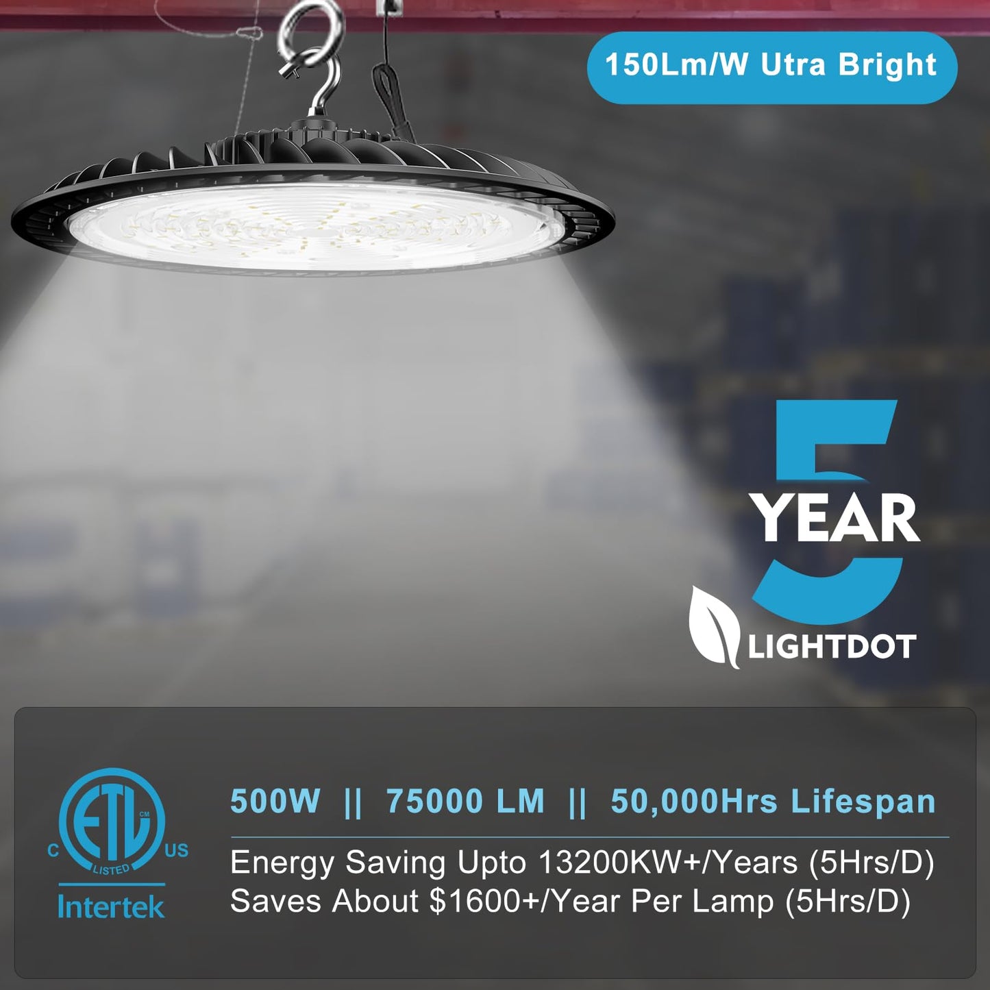Lightdot 500W LED High Bay Light Fixtures 75000lm (Eqv.2000W MH/HPS) UFO LED Lights, 5000K Daylight High Bay Shop Light, AC100-277V Commercial Warehouse,Barn Lighting,Plug & Play- 3Pack 5 Yrs Warranty