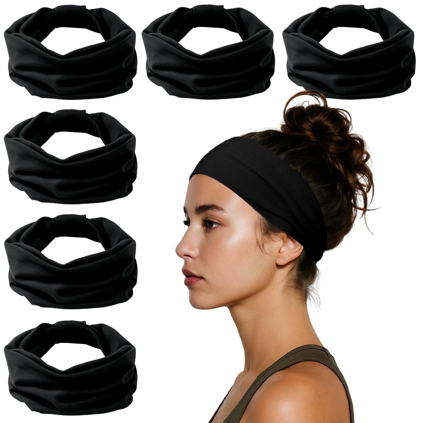 HSEM Headbands for Women, Wide Elastic Head Bands, Non-Slip Thick Hair Bands, Sports Stretchy Sweat Bands, Large Knotted Soft Headband for Washing Face, Makeup, Workout, Spa, Fashion, 6-Pack Black