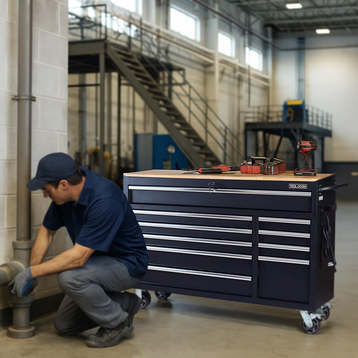 TOOL DORM Rolling Large Tool Chest 56-Inch 10 Drawers, Big Tool Chest with Drawers, Workbench with Wooden Top and Power Strip, Rolling Toolbox with Drawers and Locking System, Black