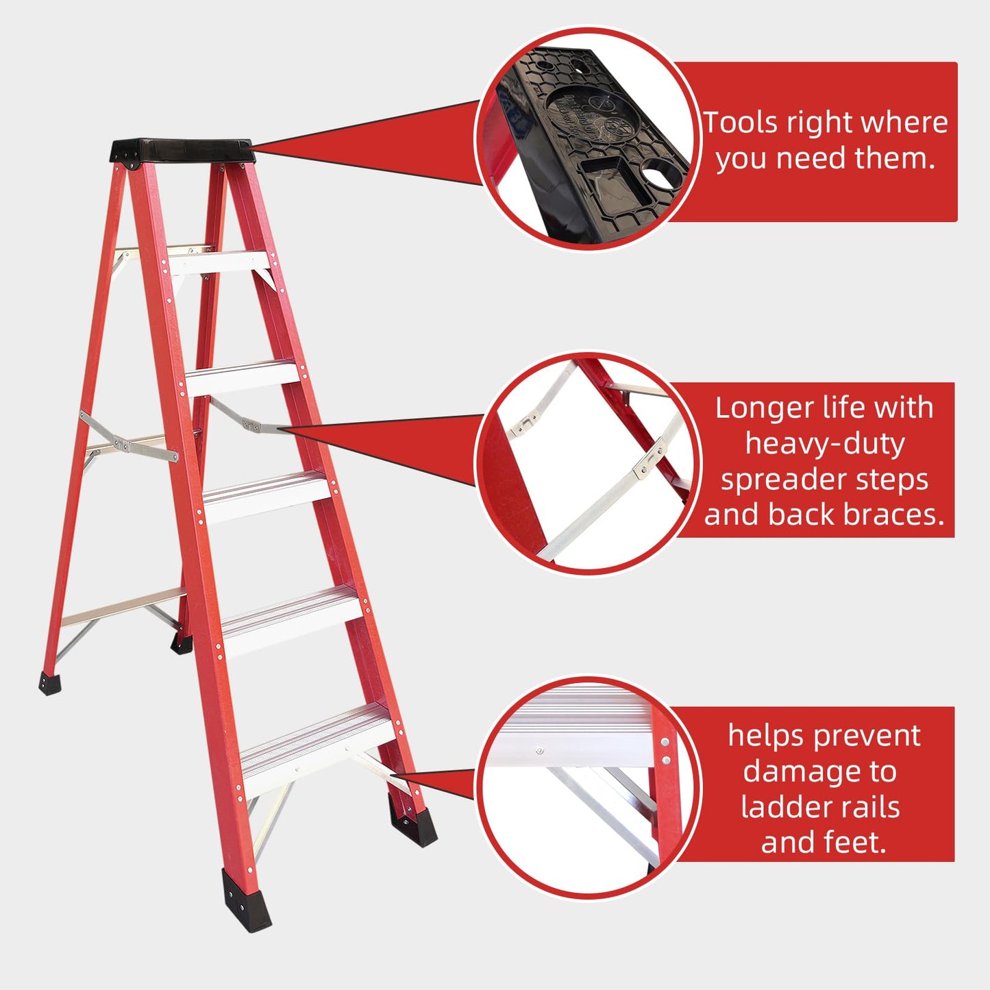 KEIKI 5 Step Fiberglass Ladder, 5FT Tall Step Ladders Folding with Tool Tray, Foldable Pool Frame Stepladder for Home Attic Stairs, Outdoor Sturdy Non-Slip Wide Pedals Load-Bearing 330 lbs, Red