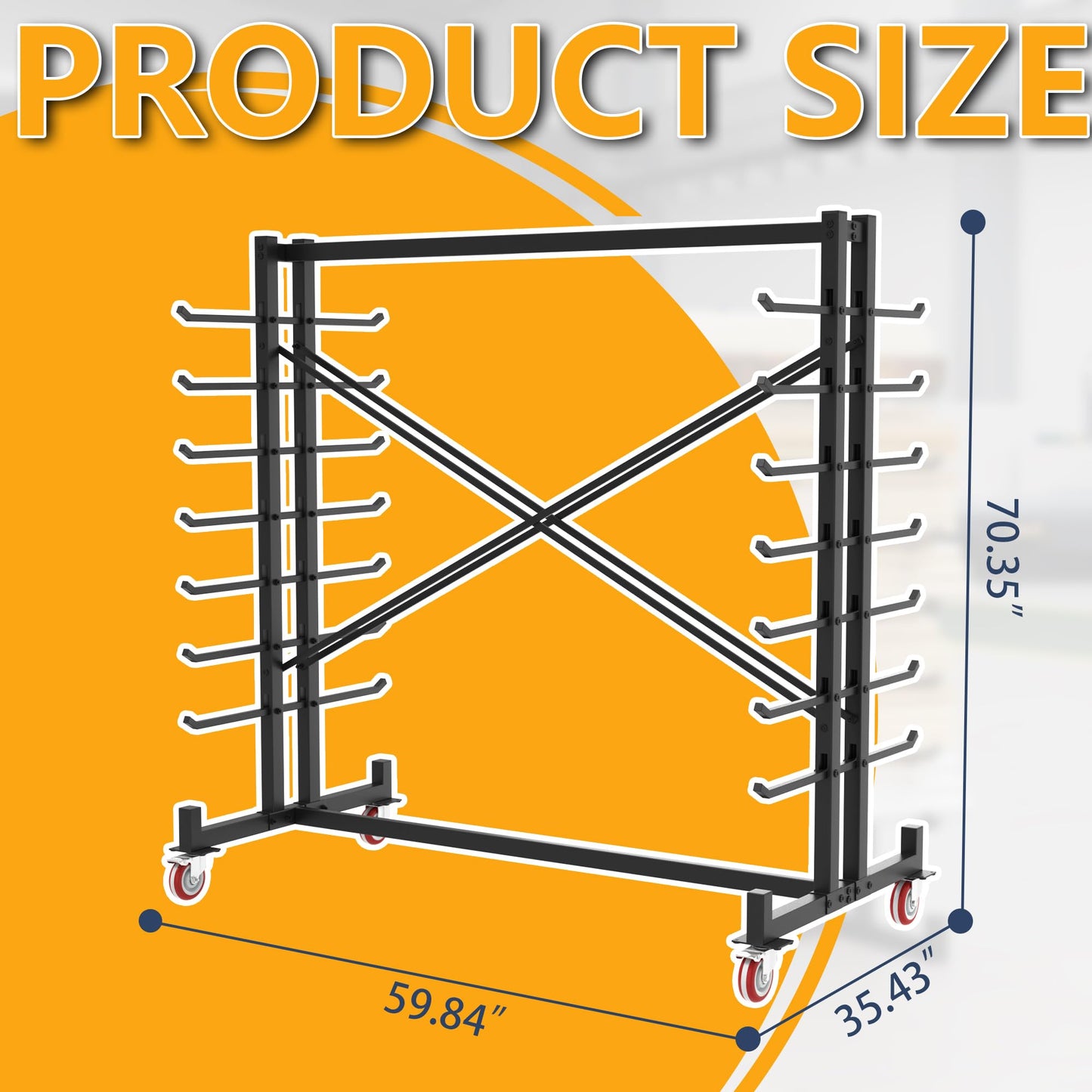 Soywey 7-Tier Steel Horizontal Storage Rack,Detachable Lumber Storage Rack,Load 2000 Lbs Heavy Adjustable Pipe Rack Lumber Organizer Shelf for Garage Workshop Shed Basement Black(With Wheel)