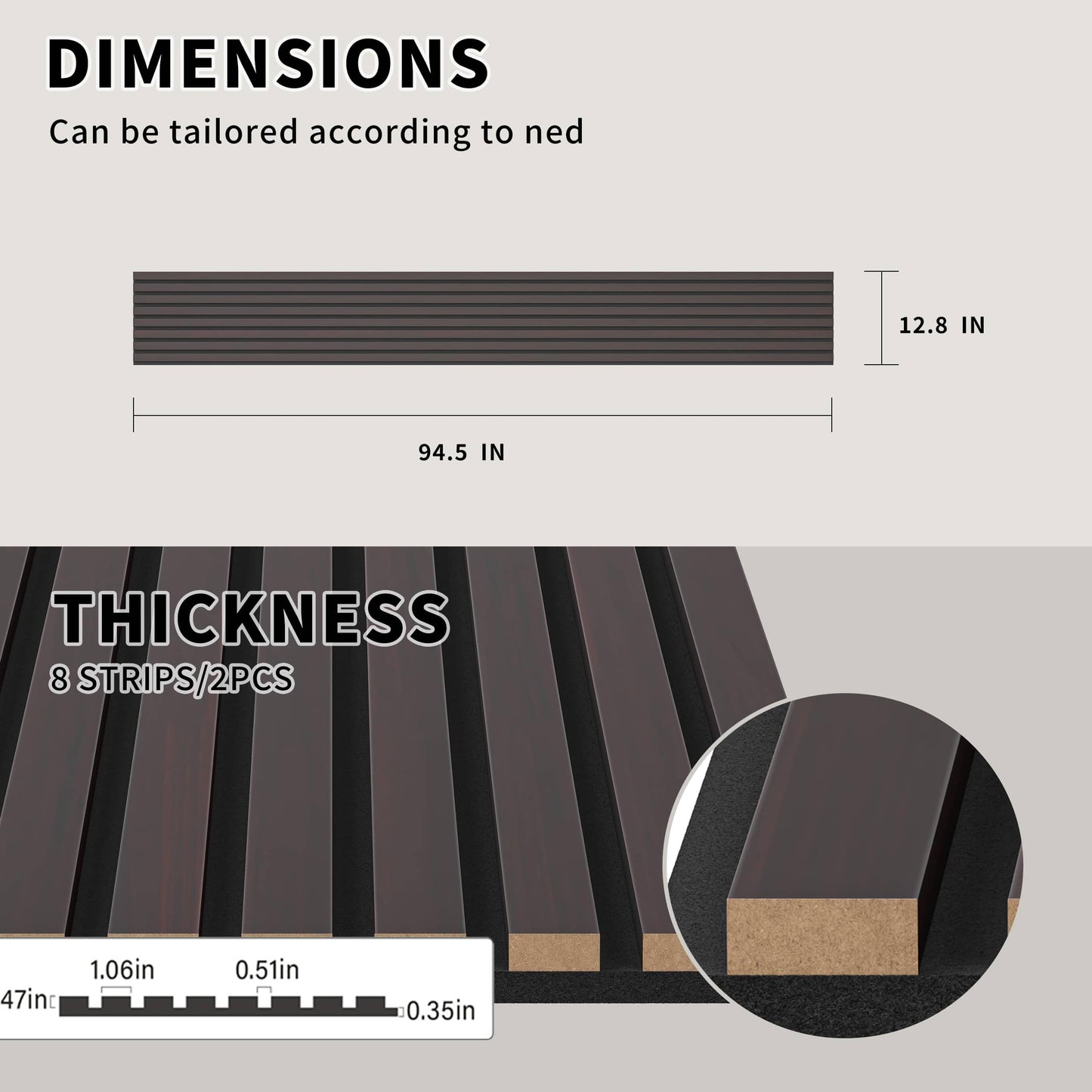 POHARE Wood Slat Wall Panels, 2 Pack Accent Decorative Acoustic Wood Slats for Wall and Ceilings, Acoustic Panels for Interior Wall Décor on Felt Back Board, Black-Brown Oak, 8 x 1 ft