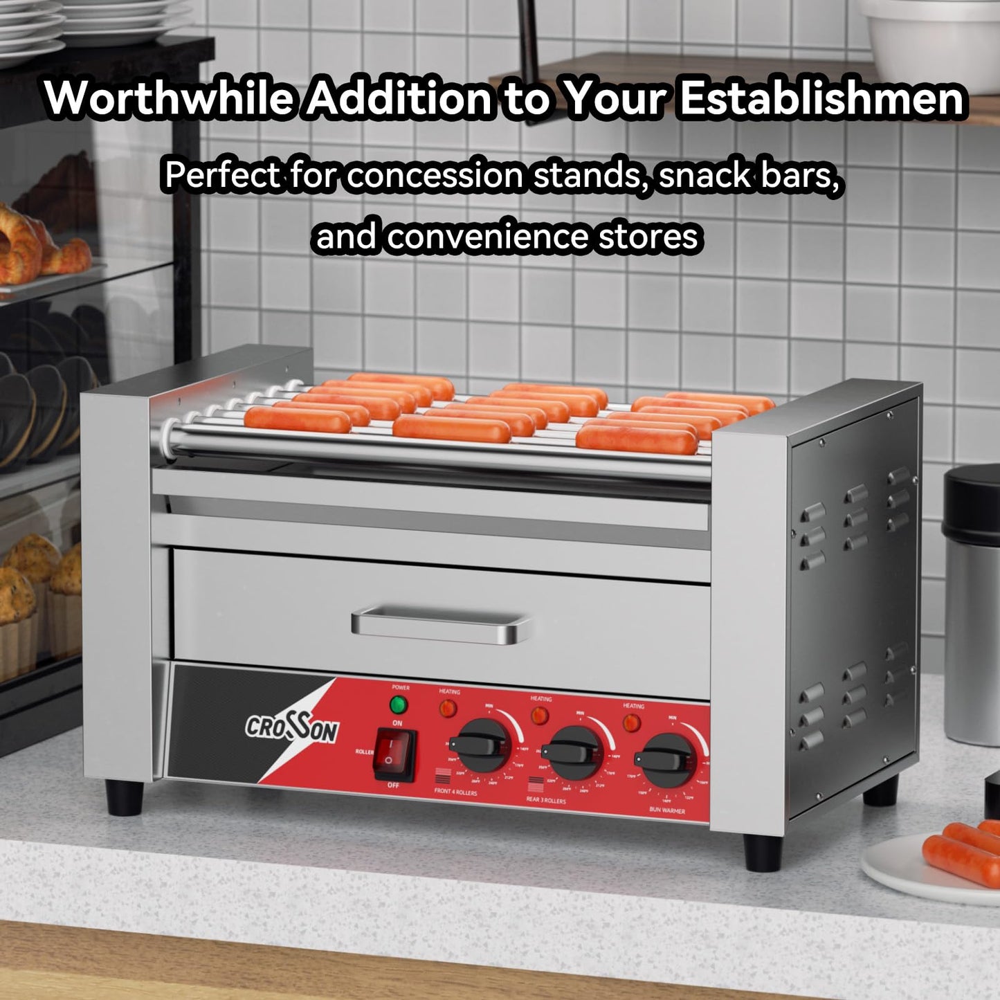 CROSSON Hot Dog 7 Roller with Bun Warmer,Commercial 7 Nonstick 304 Roller Grill Cooker Machine-120V, 1350W