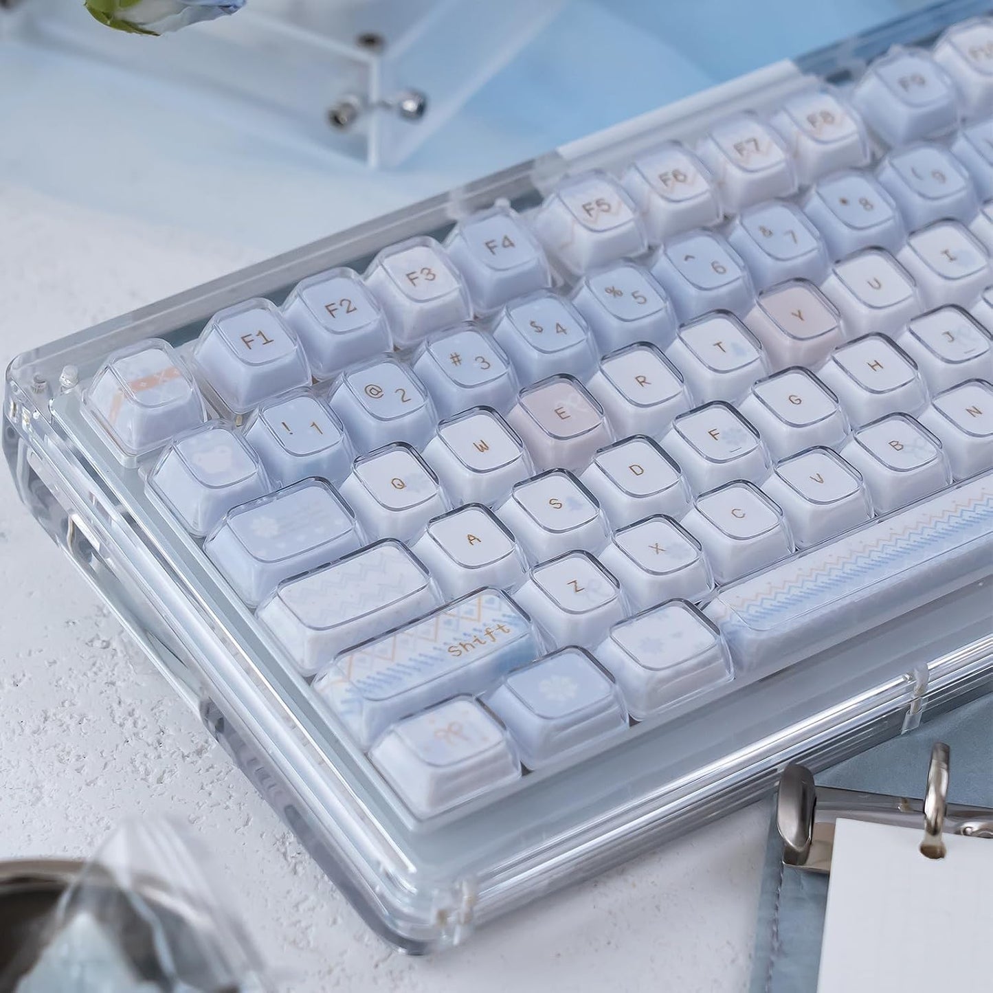 SUEHIODHY 123 Set, 61/68/84/87/98/100 Crystal Jelly Keycaps, Blue White Translucent Keycaps, Keys Custom KDA Profile