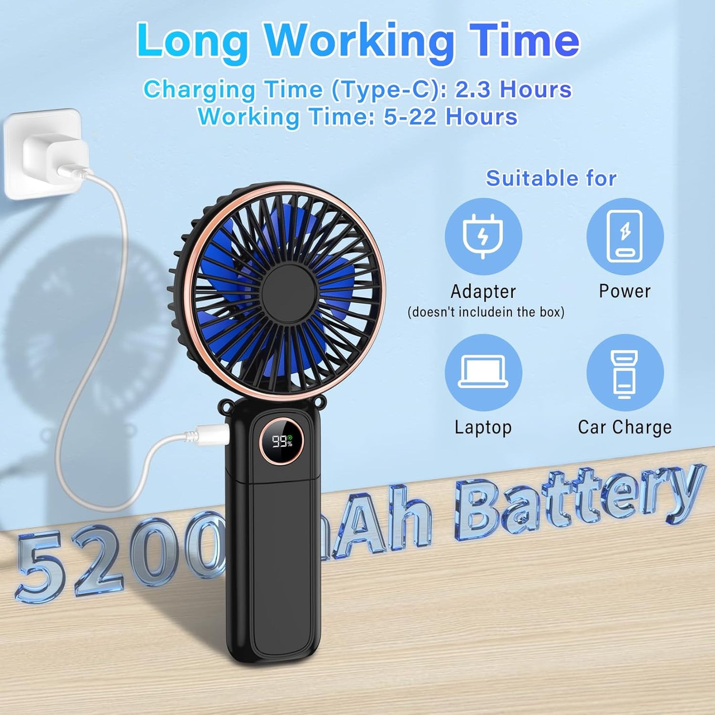 Skiennix Portable Handheld Fan - USB Rechargeable Mini Fan with 22-Hour Runtime & LED Display | 6 Speeds, Ideal for Travel & Outdoor Use