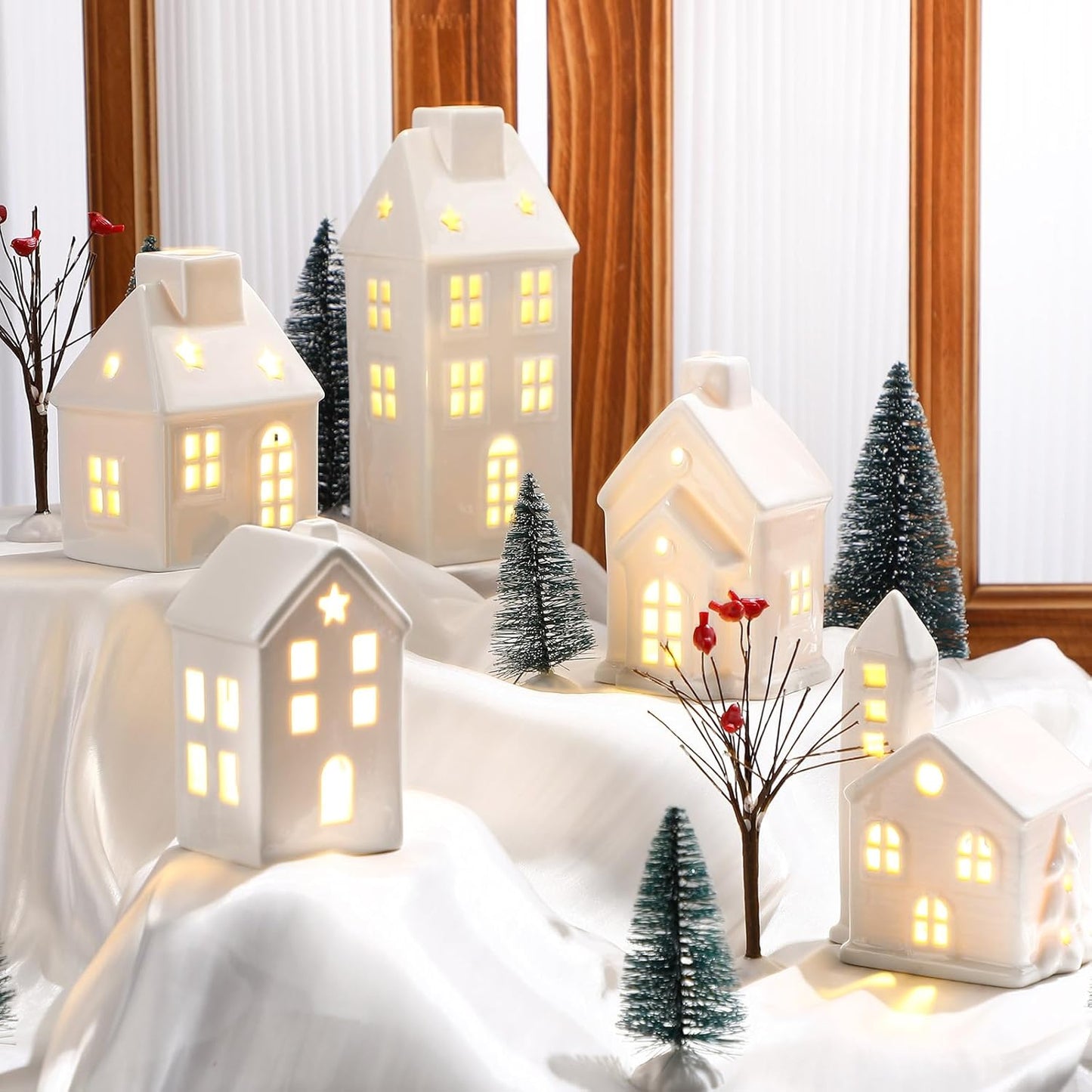 WinnerWhy Christmas Village House Set - 24 Pcs LED Lighted Mini Ceramic Ornaments for Festive Decor