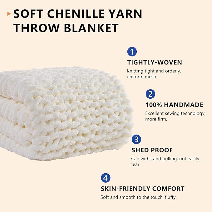 L'AGRATY Chunky Knit Blanket Throw: 72''x84'' Chenille Chunky Knitted Throw Blanket for Bed Couch - Handmade Thick Big Cable Knit Blanket - Large Chunky Crochet Blanket for Home Decor(Cream White)